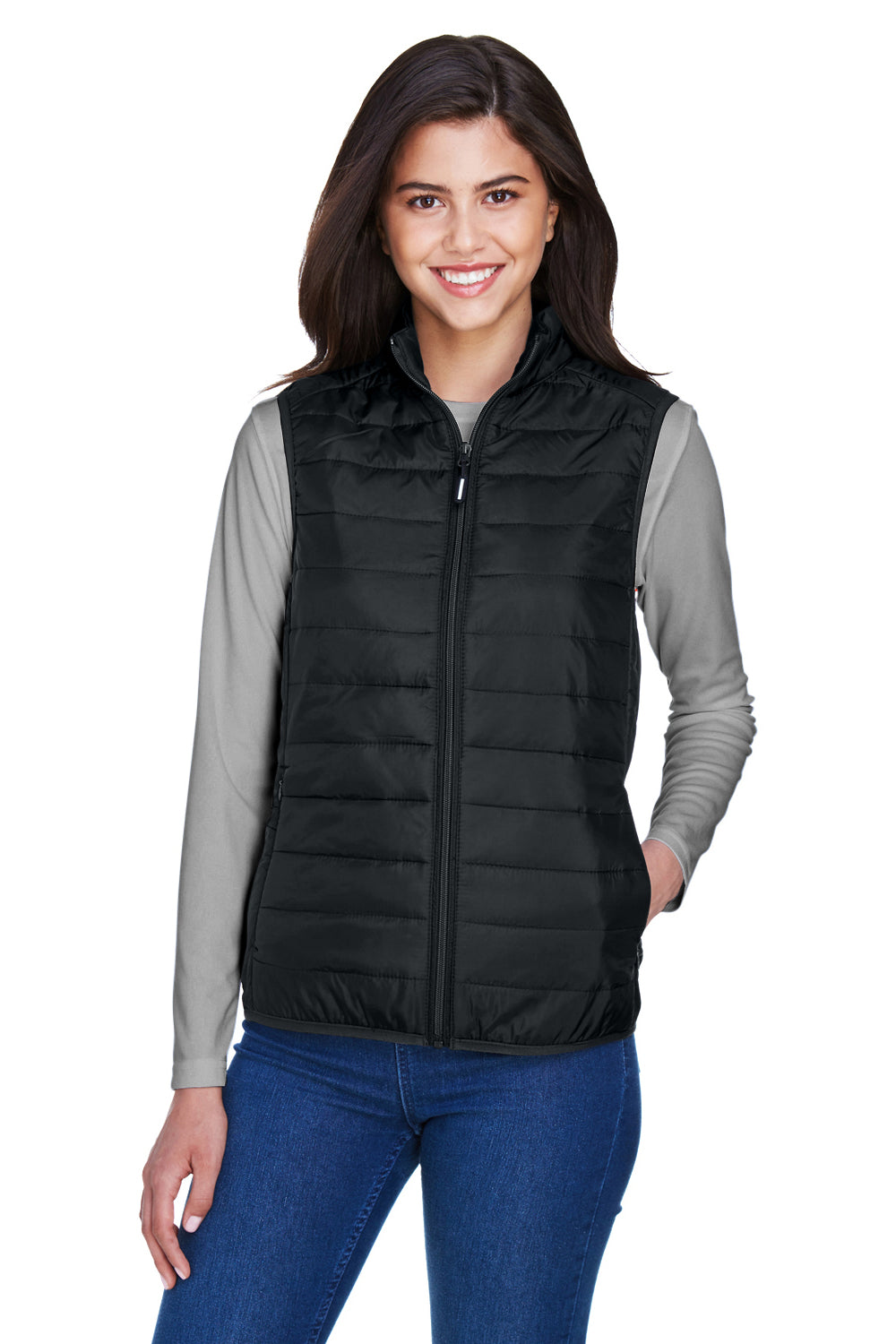 Core 365 CE702W Womens Prevail Packable Puffer Water Resistant Full Zip Vest Black Front
