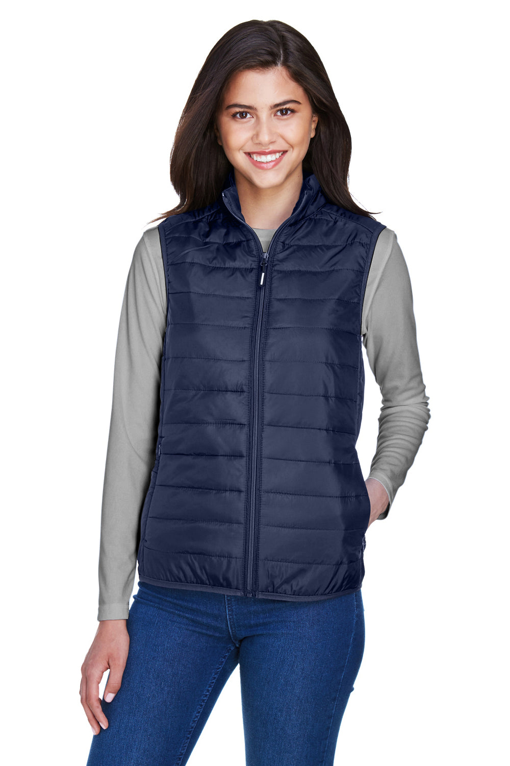Core 365 CE702W Womens Prevail Packable Puffer Water Resistant Full Zip Vest Navy Blue Front