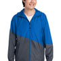Core 365 Mens Techno Lite Water Resistant Colorblock Full Zip Hooded Windbreaker Jacket - True Royal Blue/Carbon Grey