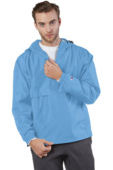 Champion CO200 Mens Packable Anorak 1/4 Zip Hooded Jacket Light Blue Front