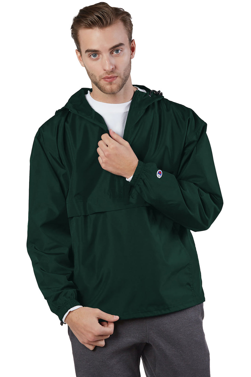 Champion CO200 Mens Packable Anorak 1/4 Zip Hooded Jacket Dark Green Front