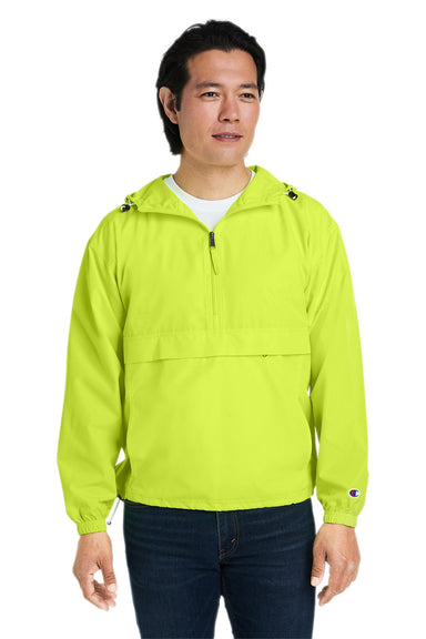 Champion CO200 Mens Packable Anorak 1/4 Zip Hooded Jacket Safety Green Front