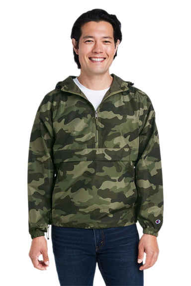 Champion CO200 Mens Packable Anorak 1/4 Zip Hooded Jacket Olive Green Camo Front