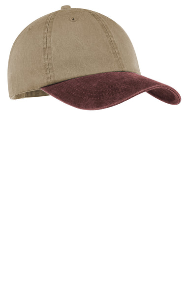 Port & Company CP83 Mens Adjustable Hat Khaki Brown/Maroon Front