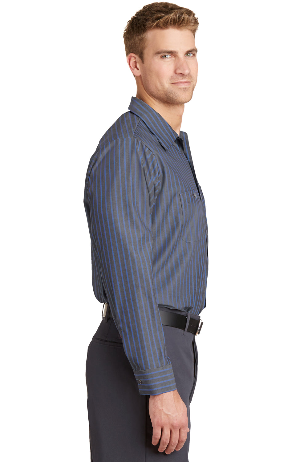 Red Kap CS10 Mens Industrial Moisture Wicking Long Sleeve Button Down Shirt w/ Double Pockets Grey/Blue Side