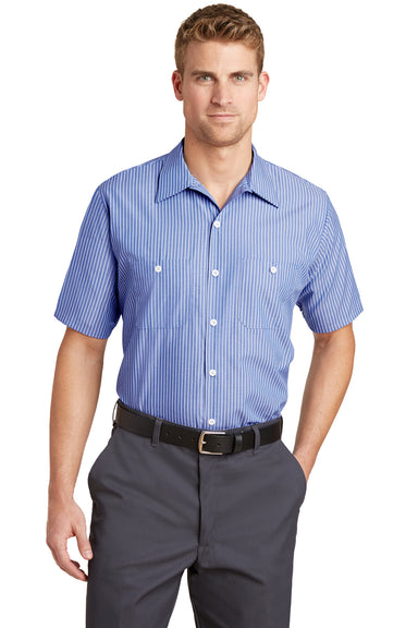 Red Kap CS20/CS20LONG Mens Industrial Moisture Wicking Short Sleeve Button Down Shirt w/ Double Pockets Blue/White Front