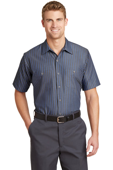 Red Kap CS20/CS20LONG Mens Industrial Moisture Wicking Short Sleeve Button Down Shirt w/ Double Pockets Grey/Blue Front