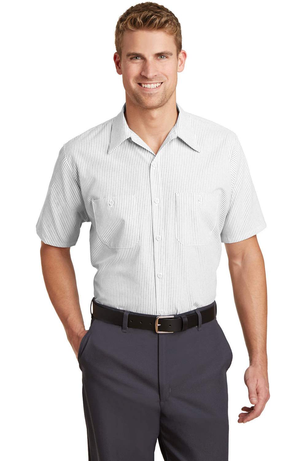 Red Kap CS20/CS20LONG Mens Industrial Moisture Wicking Short Sleeve Button Down Shirt w/ Double Pockets Grey/White Front