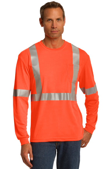 CornerStone CS401LS Mens Moisture Wicking Long Sleeve Crewneck T-Shirt w/ Pocket Safety Orange Front