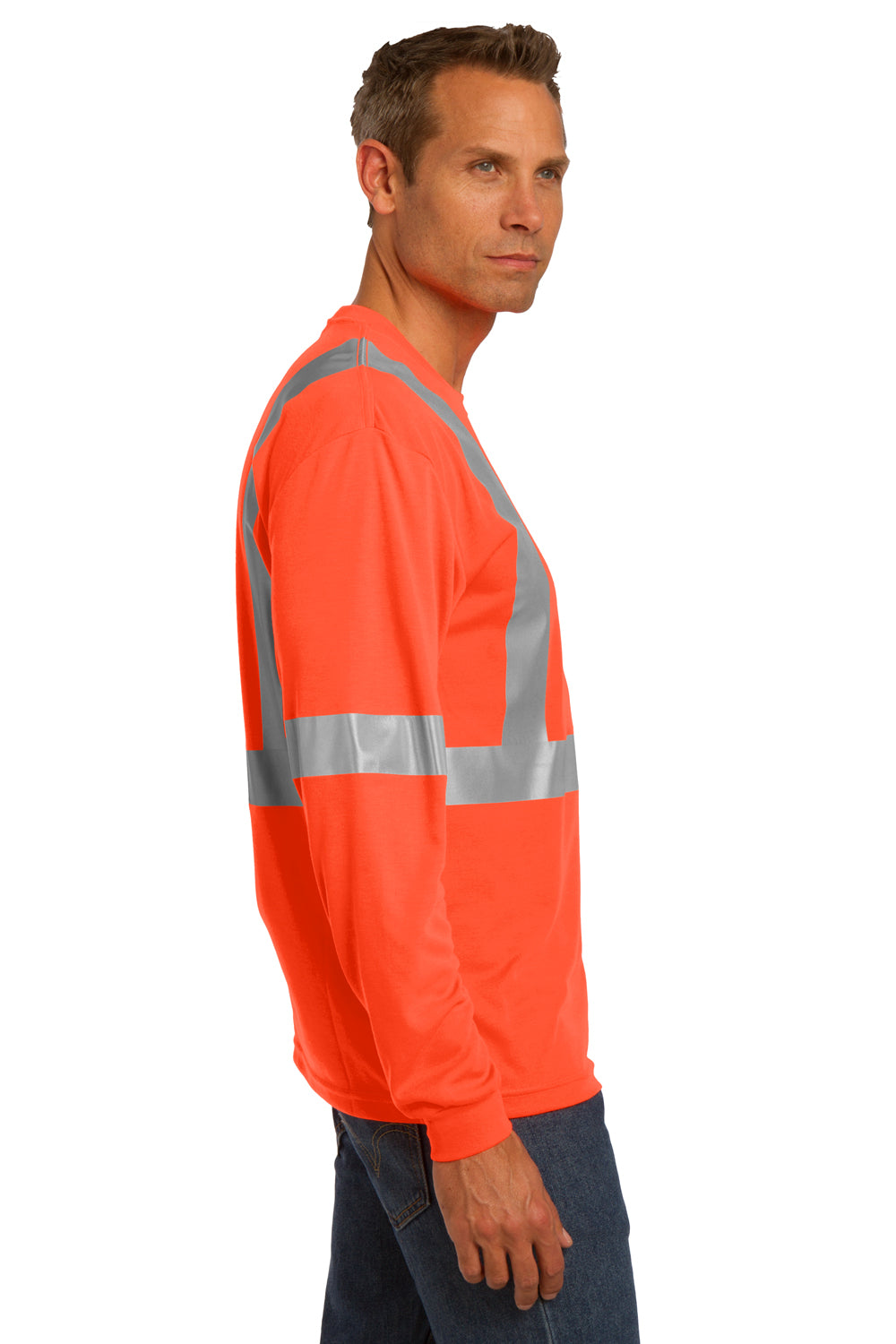 CornerStone CS401LS Mens Moisture Wicking Long Sleeve Crewneck T-Shirt w/ Pocket Safety Orange Side