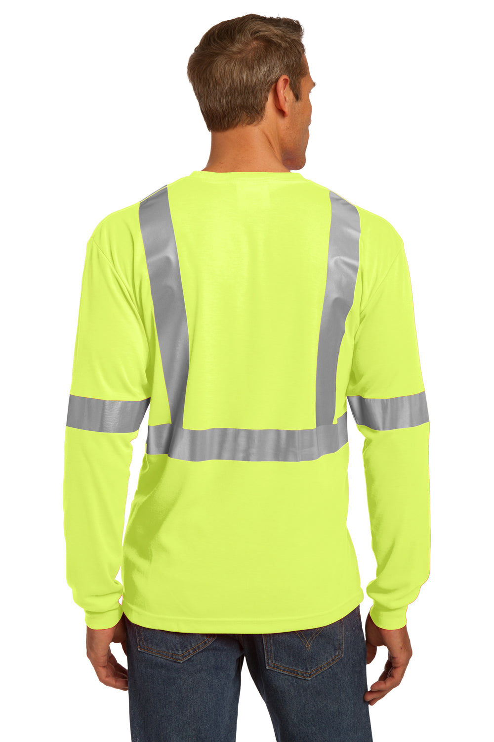 CornerStone CS401LS Mens Moisture Wicking Long Sleeve Crewneck T-Shirt w/ Pocket Safety Yellow Back