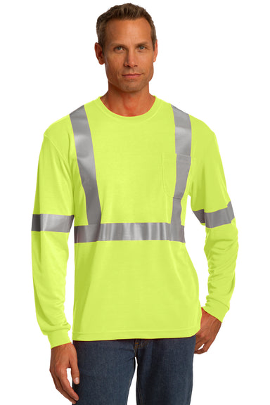 CornerStone CS401LS Mens Moisture Wicking Long Sleeve Crewneck T-Shirt w/ Pocket Safety Yellow Front