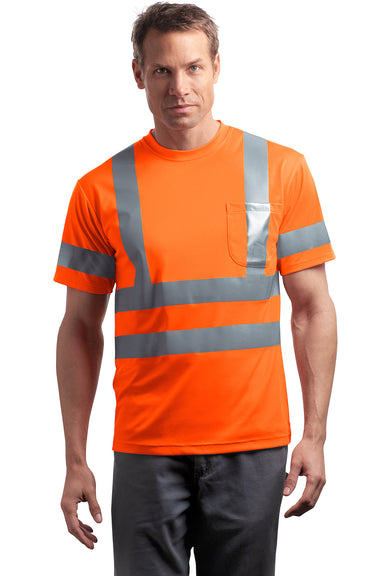 CornerStone CS408 Mens Moisture Wicking Short Sleeve Crewneck T-Shirt w/ Pocket Safety Orange Front
