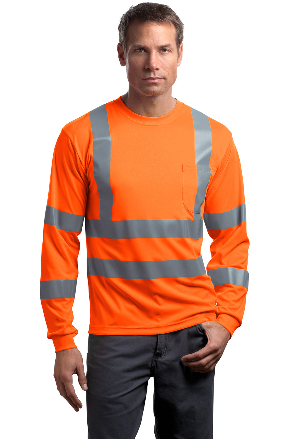 CornerStone CS409 Mens Moisture Wicking Long Sleeve Crewneck T-Shirt w/ Pocket Safety Orange Front
