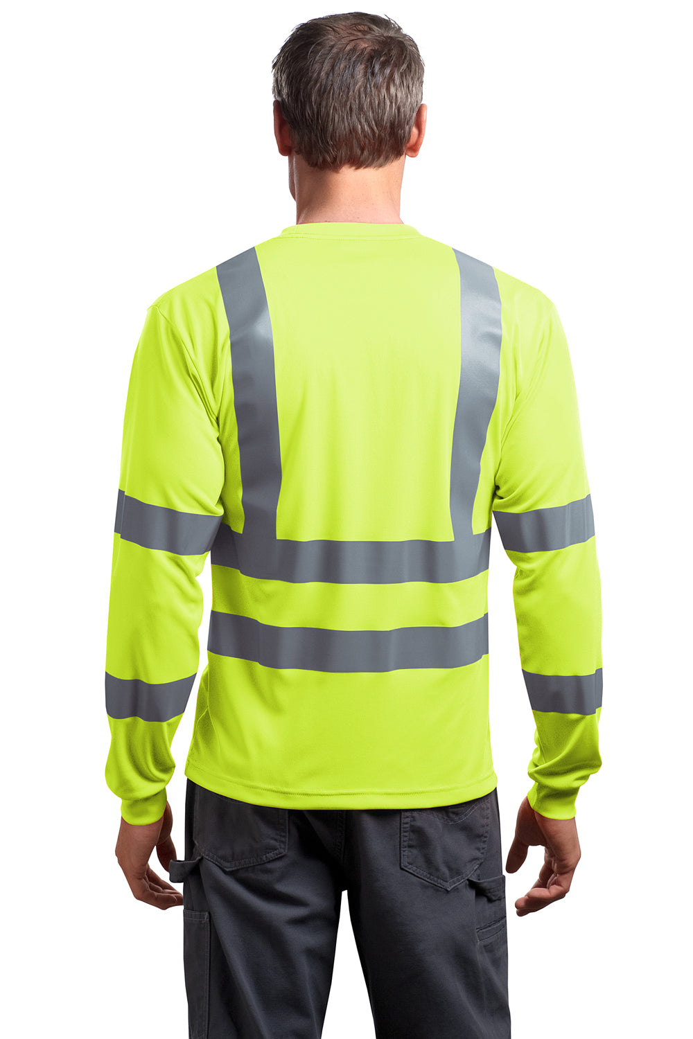 CornerStone CS409 Mens Moisture Wicking Long Sleeve Crewneck T-Shirt w/ Pocket Safety Yellow Back