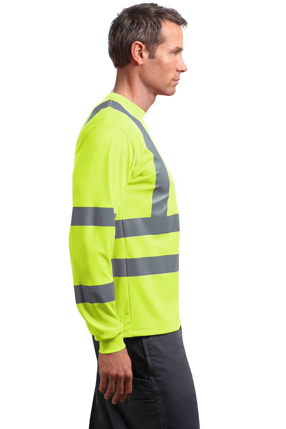 CornerStone CS409 Mens Moisture Wicking Long Sleeve Crewneck T-Shirt w/ Pocket Safety Yellow Side