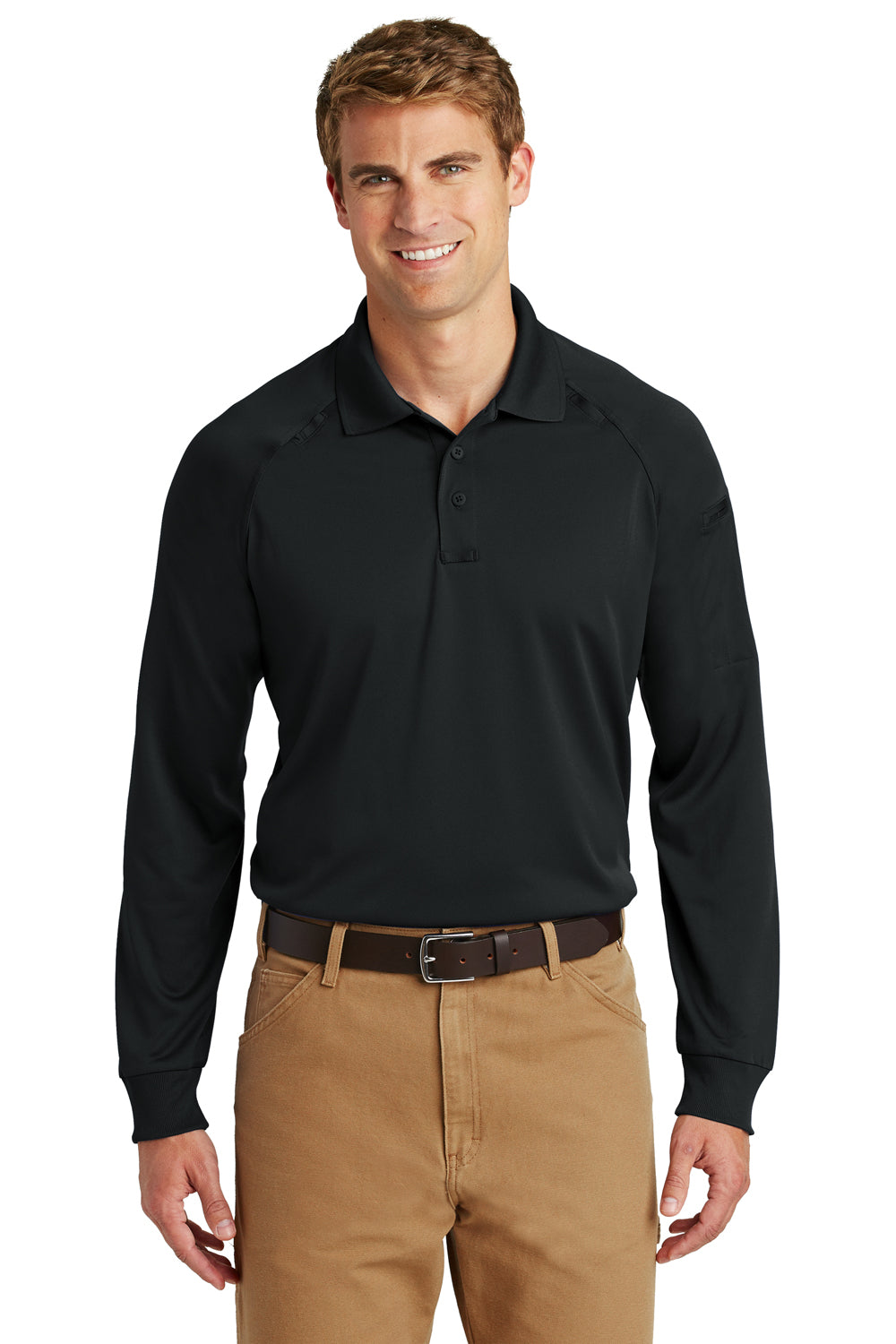 CornerStone CS410LS Mens Select Tactical Moisture Wicking Long Sleeve Polo Shirt Black Front