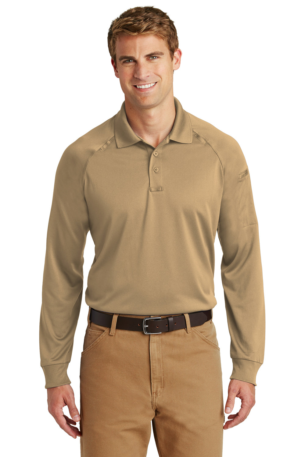 CornerStone CS410LS Mens Select Tactical Moisture Wicking Long Sleeve Polo Shirt Tan Brown Front