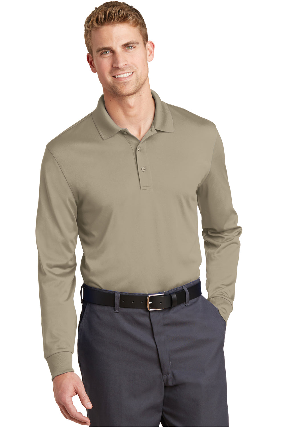 CornerStone CS412LS Mens Select Moisture Wicking Long Sleeve Polo Shirt Tan Brown Front