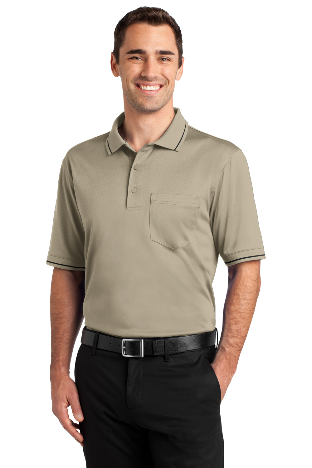 CornerStone CS415 Mens Select Moisture Wicking Short Sleeve Polo Shirt w/ Pocket Tan Brown Front
