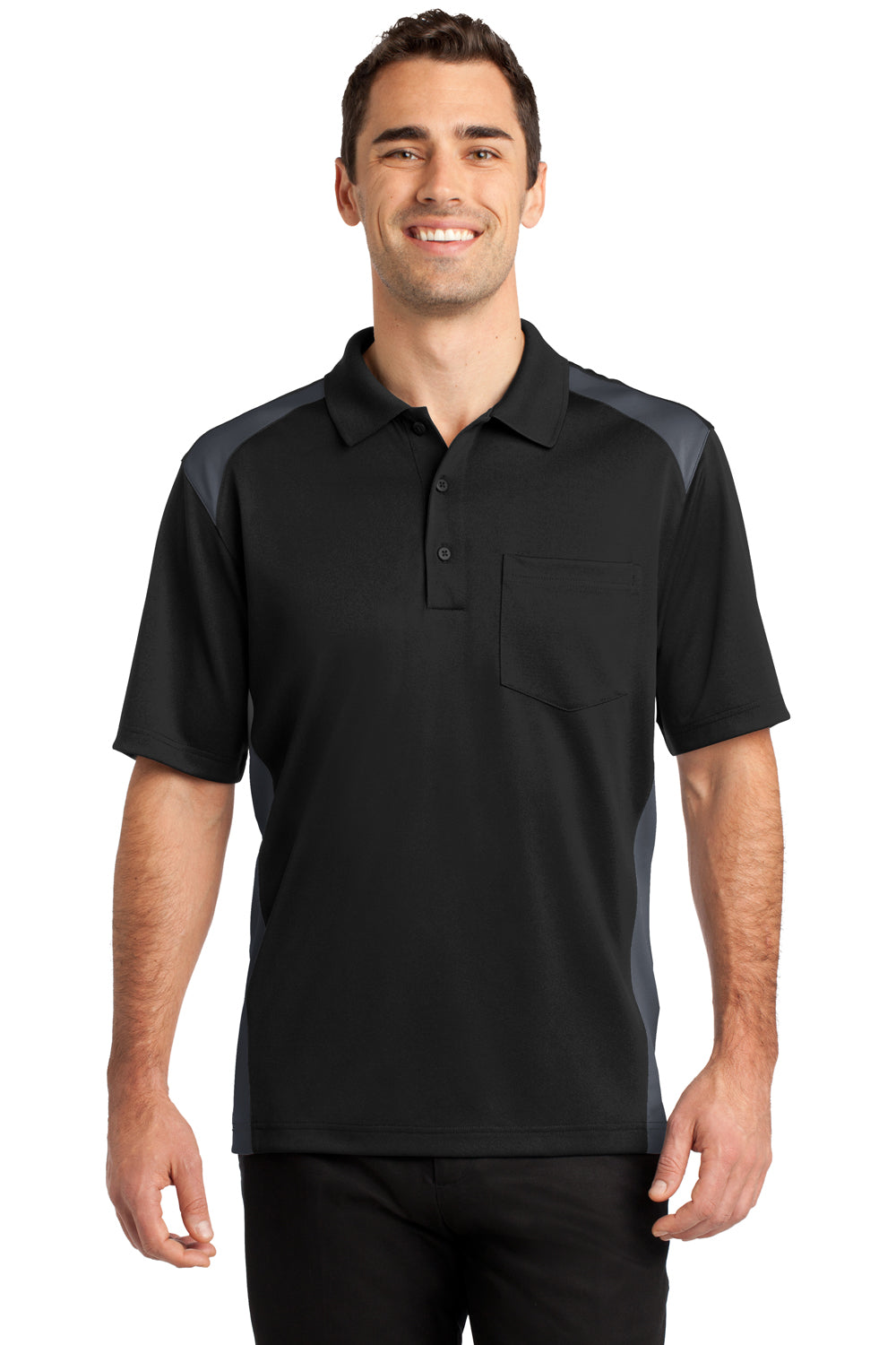CornerStone CS416 Mens Select Moisture Wicking Short Sleeve Polo Shirt w/ Pocket Black/Charcoal Grey Front