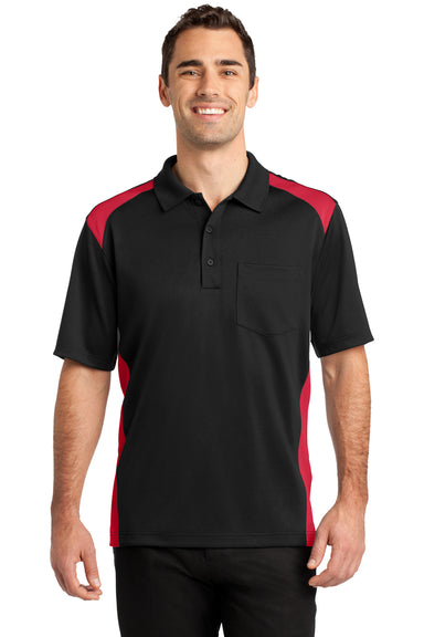 CornerStone CS416 Mens Select Moisture Wicking Short Sleeve Polo Shirt w/ Pocket Black/Red Front