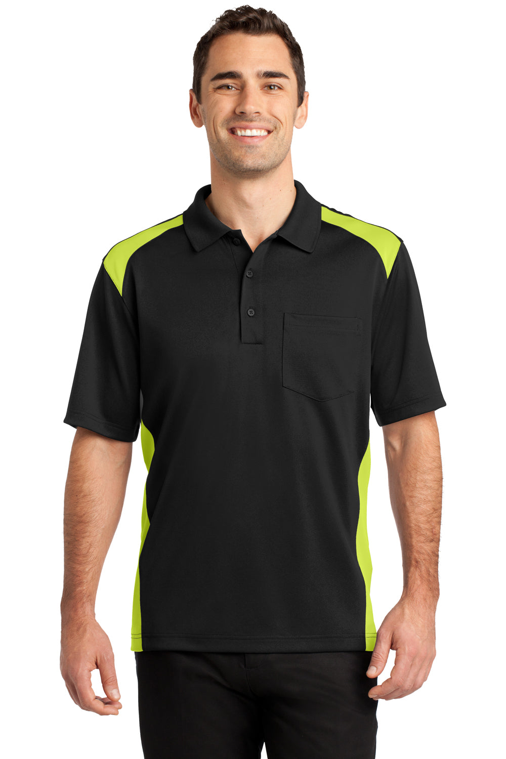 CornerStone CS416 Mens Select Moisture Wicking Short Sleeve Polo Shirt w/ Pocket Black/Neon Green Front