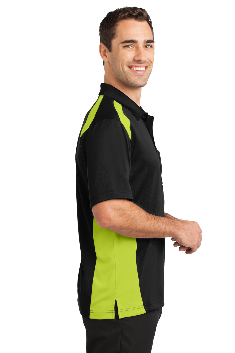 CornerStone CS416 Mens Select Moisture Wicking Short Sleeve Polo Shirt w/ Pocket Black/Neon Green Side