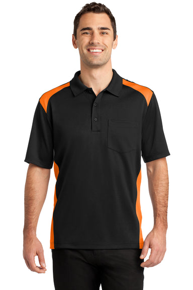 CornerStone CS416 Mens Select Moisture Wicking Short Sleeve Polo Shirt w/ Pocket Black/Neon Orange Front