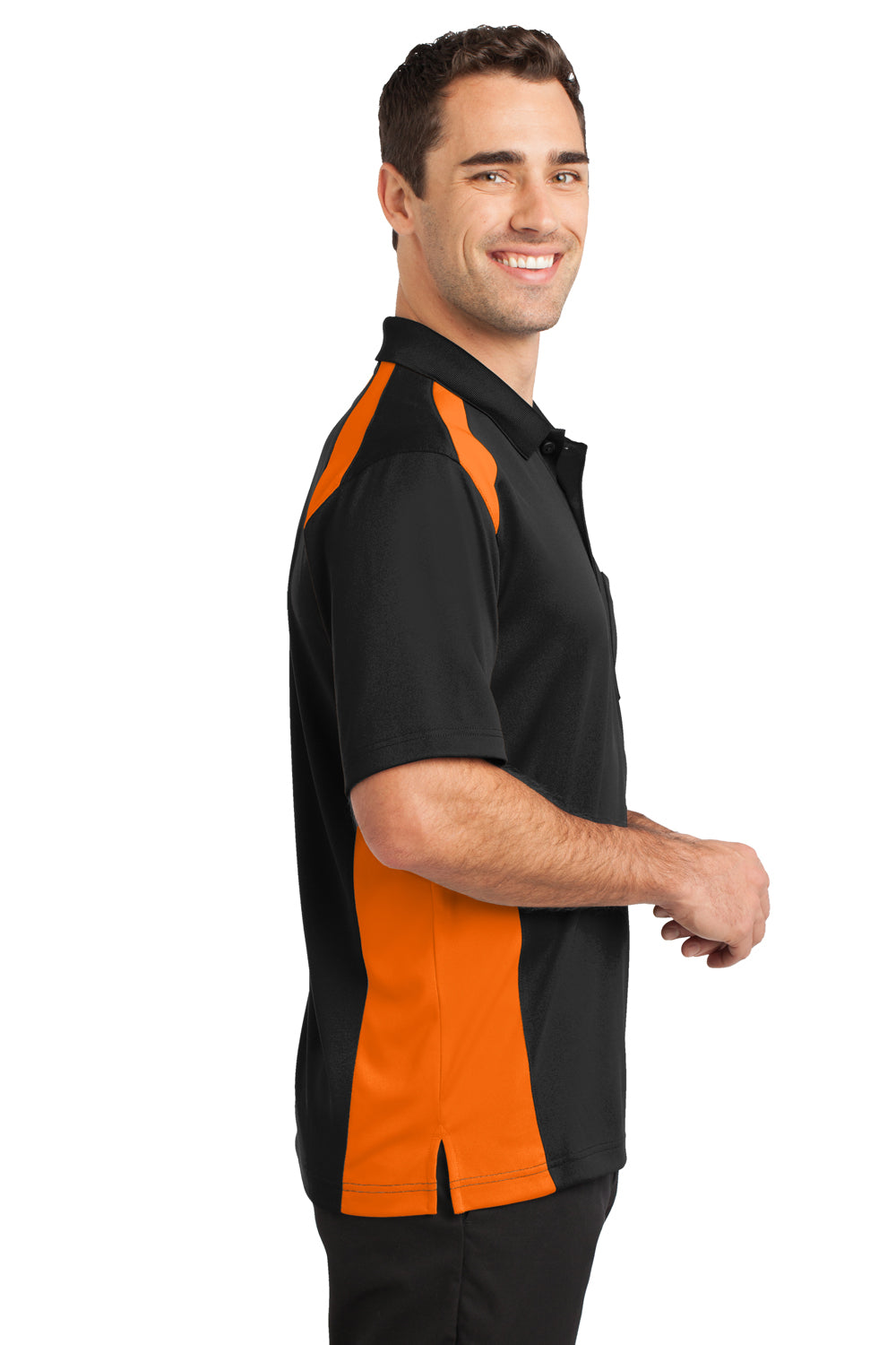 CornerStone CS416 Mens Select Moisture Wicking Short Sleeve Polo Shirt w/ Pocket Black/Neon Orange Side