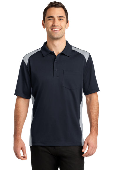 CornerStone CS416 Mens Select Moisture Wicking Short Sleeve Polo Shirt w/ Pocket Navy Blue/Grey Front