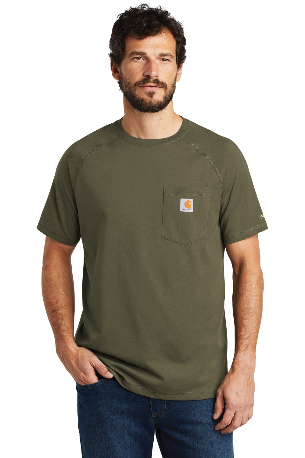 Carhartt CT100410 Mens Delmont Moisture Wicking Short Sleeve Crewneck T-Shirt w/ Pocket Moss Green Front
