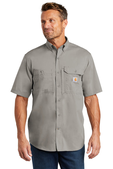 Carhartt CT102417 Mens Force Ridgefield Moisture Wicking Short Sleeve Button Down Shirt w/ Double Pockets Asphalt Grey Front
