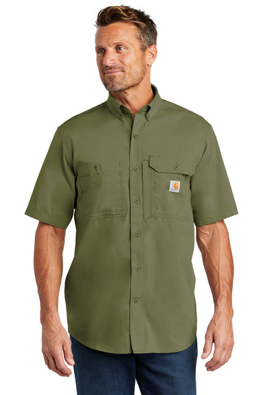 Carhartt CT102417 Mens Force Ridgefield Moisture Wicking Short Sleeve Button Down Shirt w/ Double Pockets Olive Green Front