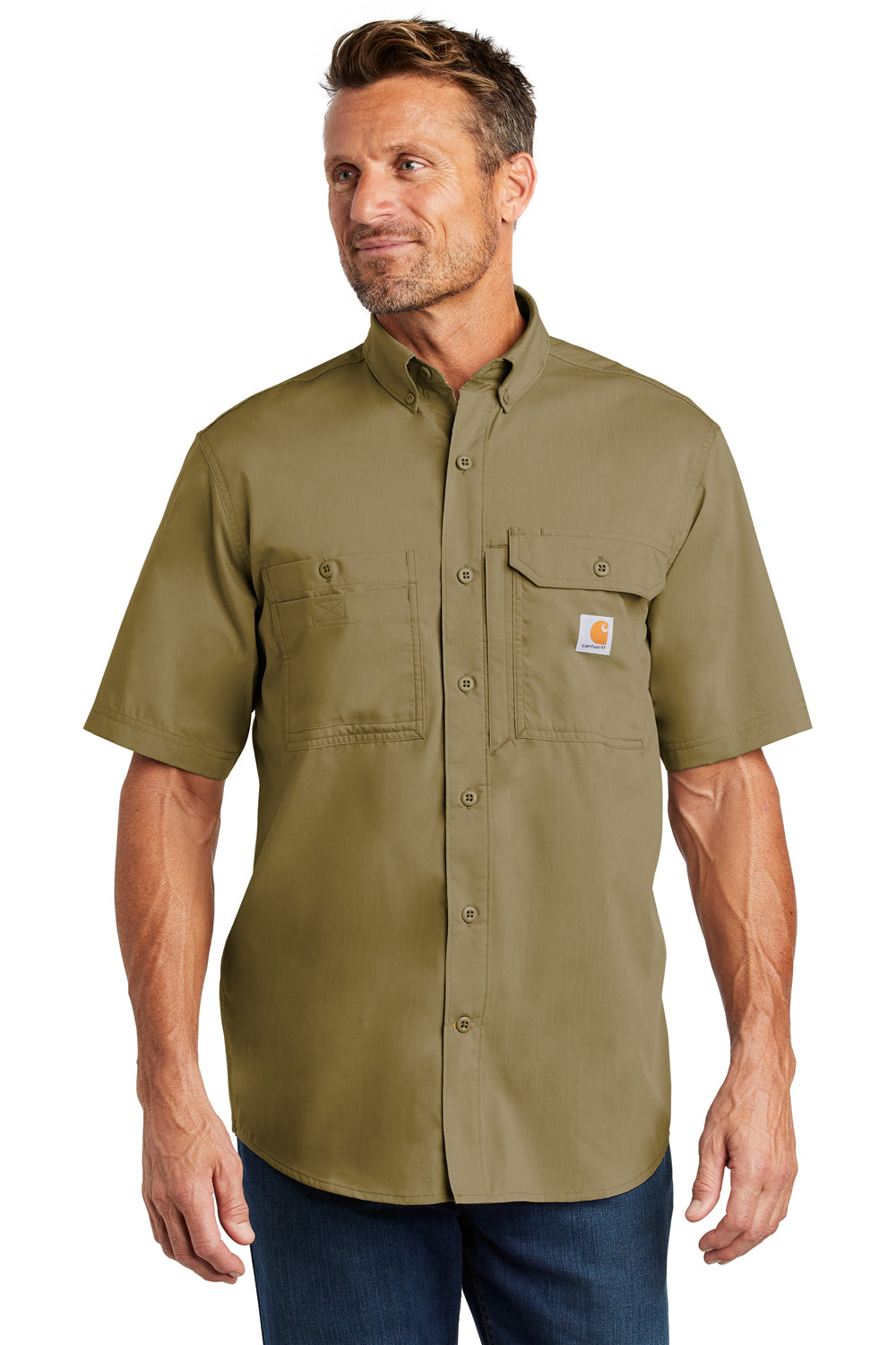 Carhartt CT102417 Mens Force Ridgefield Moisture Wicking Short Sleeve Button Down Shirt w/ Double Pockets Khaki Brown Front