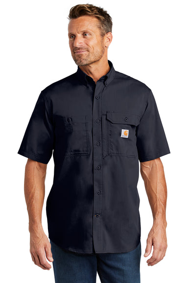 Carhartt CT102417 Mens Force Ridgefield Moisture Wicking Short Sleeve Button Down Shirt w/ Double Pockets Navy Blue Front