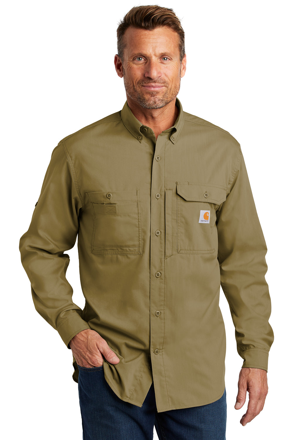 Carhartt CT102418 Mens Force Ridgefield Moisture Wicking Long Sleeve Button Down Shirt w/ Double Pockets Khaki Brown Front