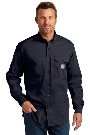 Carhartt CT102418 Mens Force Ridgefield Moisture Wicking Long Sleeve Button Down Shirt w/ Double Pockets Navy Blue Front