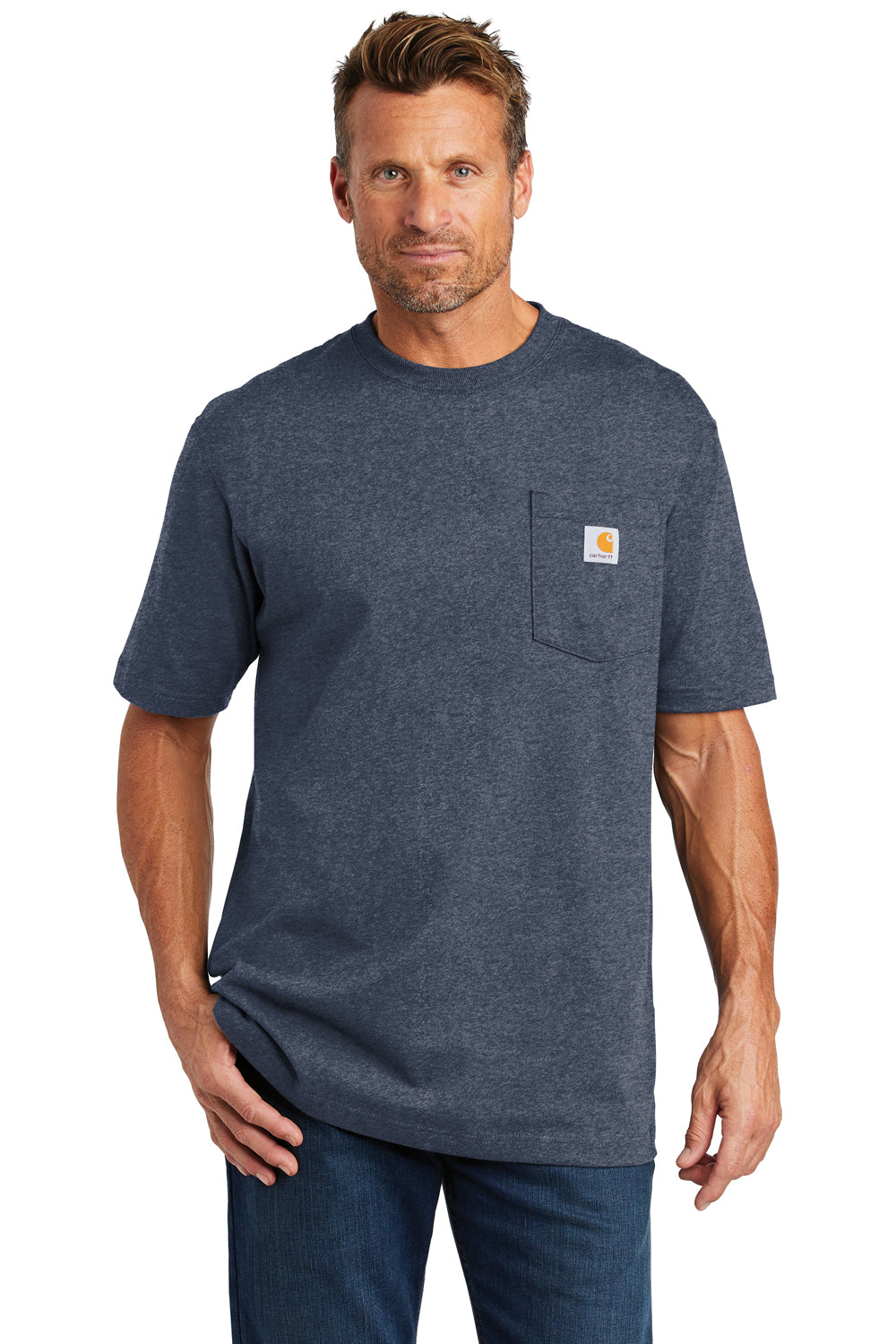 Carhartt CTK87 Mens Workwear Short Sleeve Crewneck T-Shirt w/ Pocket Heather Cobalt Blue Front