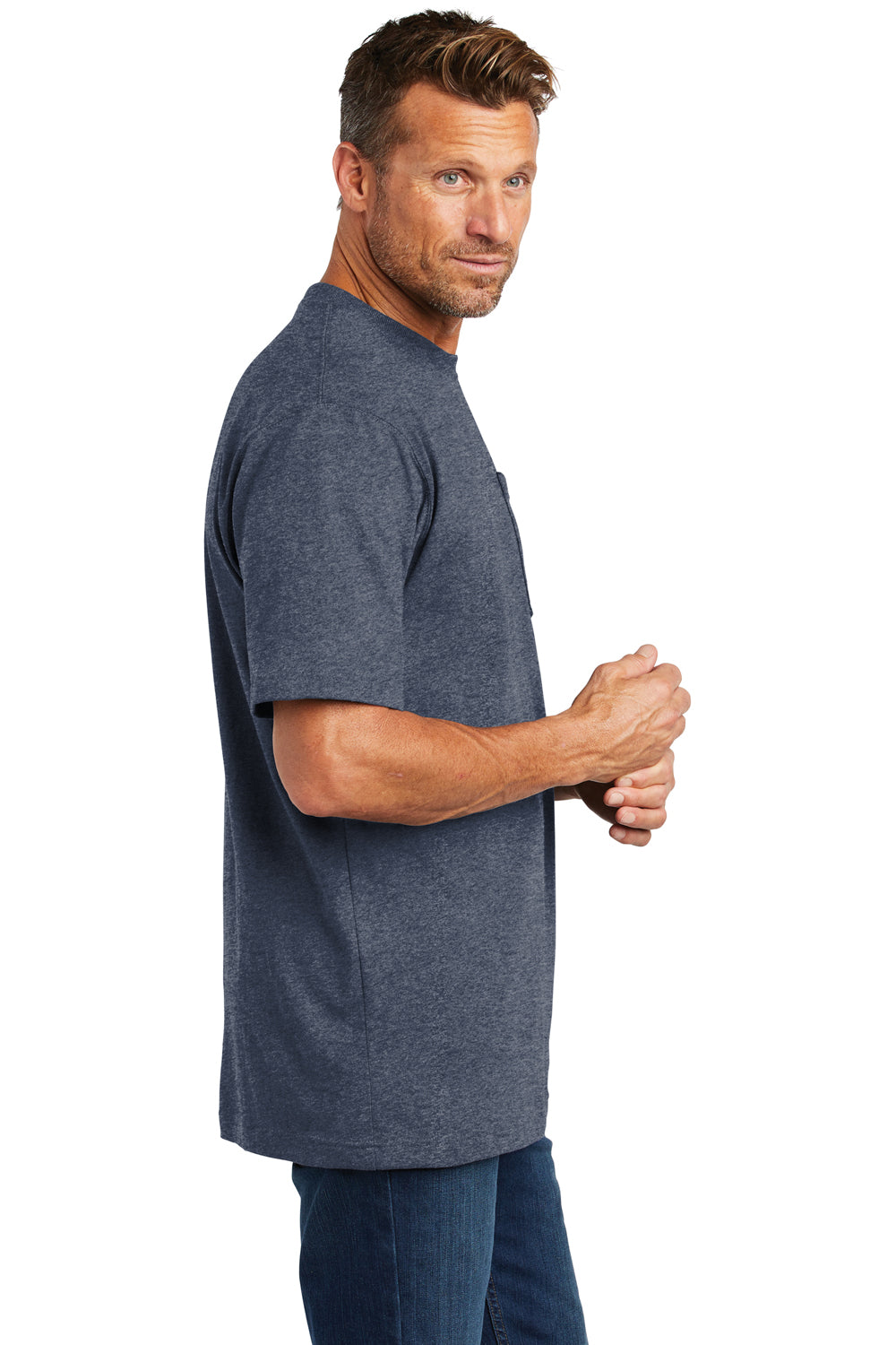 Carhartt CTK87 Mens Workwear Short Sleeve Crewneck T-Shirt w/ Pocket Heather Cobalt Blue Side