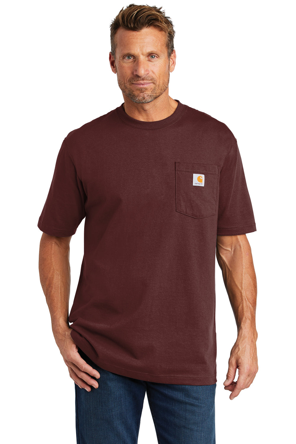 Carhartt CTK87 Mens Workwear Short Sleeve Crewneck T-Shirt w/ Pocket Port Red Front