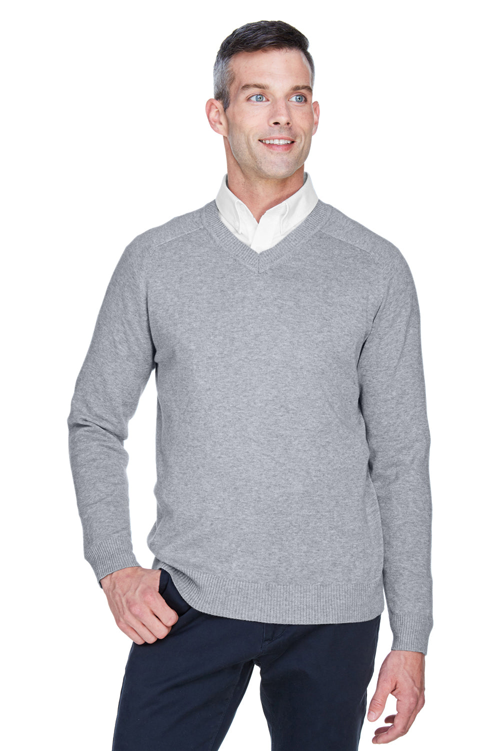 Devon & Jones D475 Mens Wrinkle Resistant V-Neck Sweater Heather Grey Front