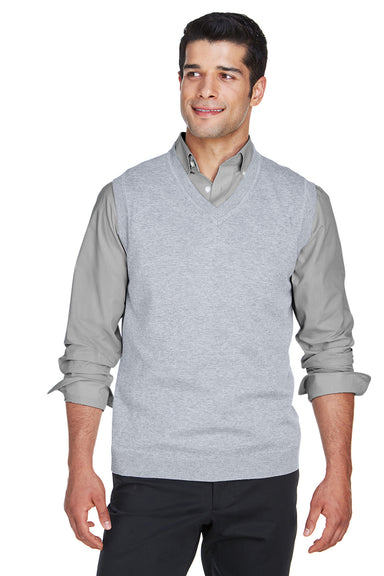 Devon & Jones D477 Mens Wrinkle Resistant V-Neck Sweater Vest Heather Grey Front
