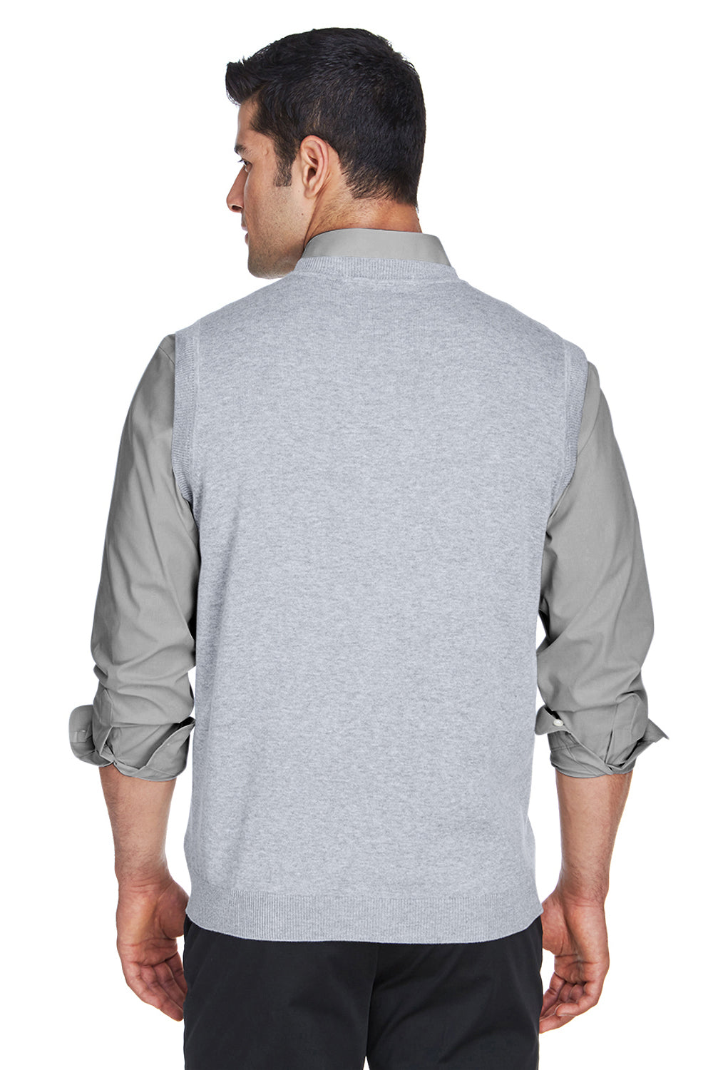 Devon & Jones D477 Mens Wrinkle Resistant V-Neck Sweater Vest Heather Grey Back