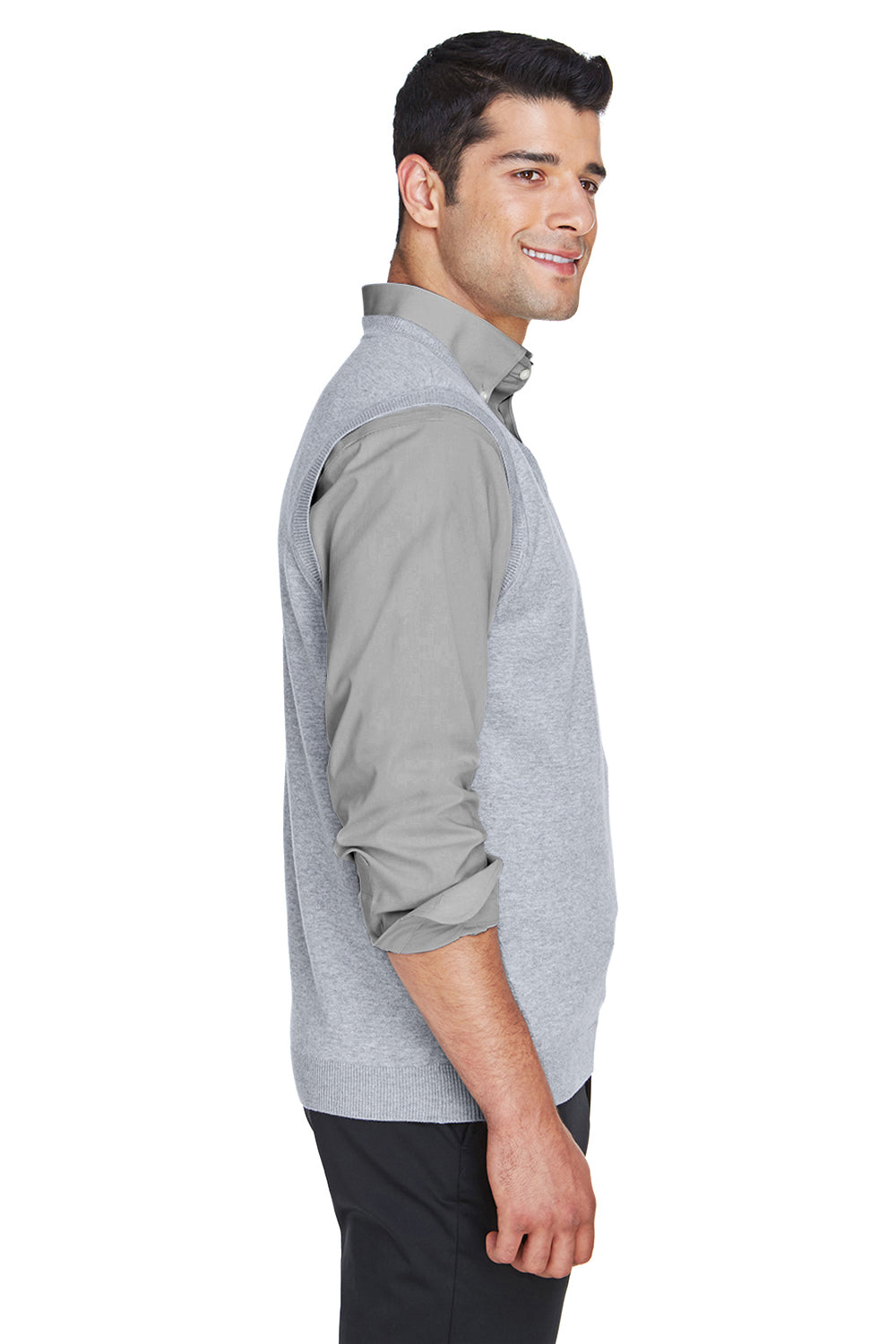 Devon & Jones D477 Mens Wrinkle Resistant V-Neck Sweater Vest Heather Grey Side