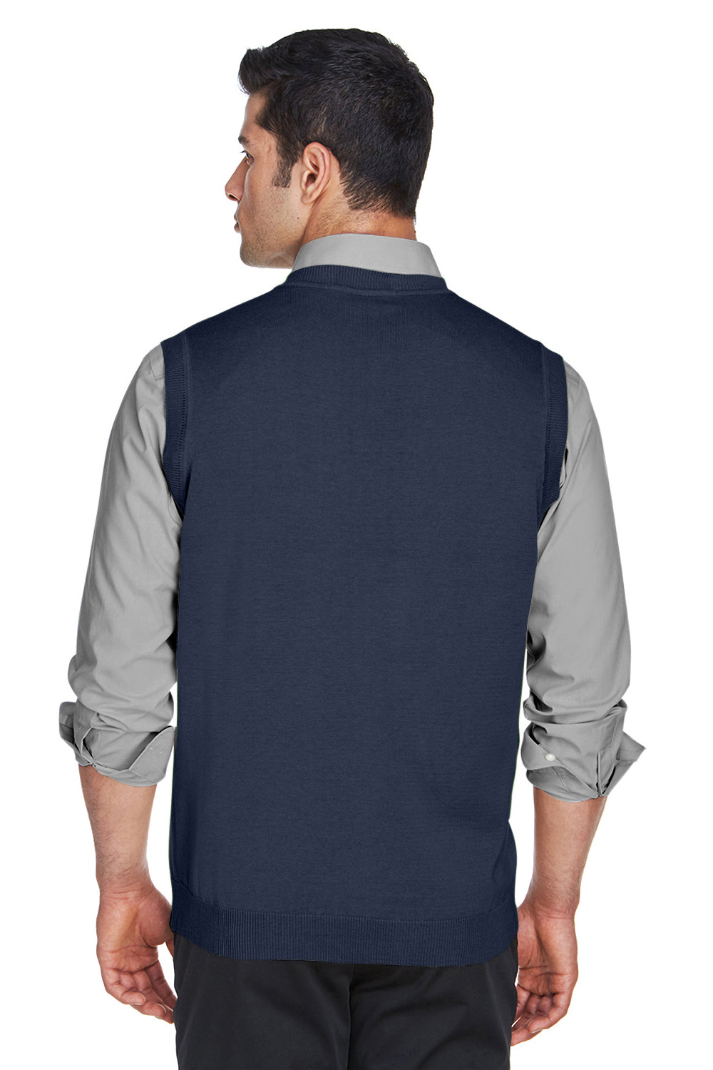 Devon & Jones D477 Mens Wrinkle Resistant V-Neck Sweater Vest Navy Blue Back