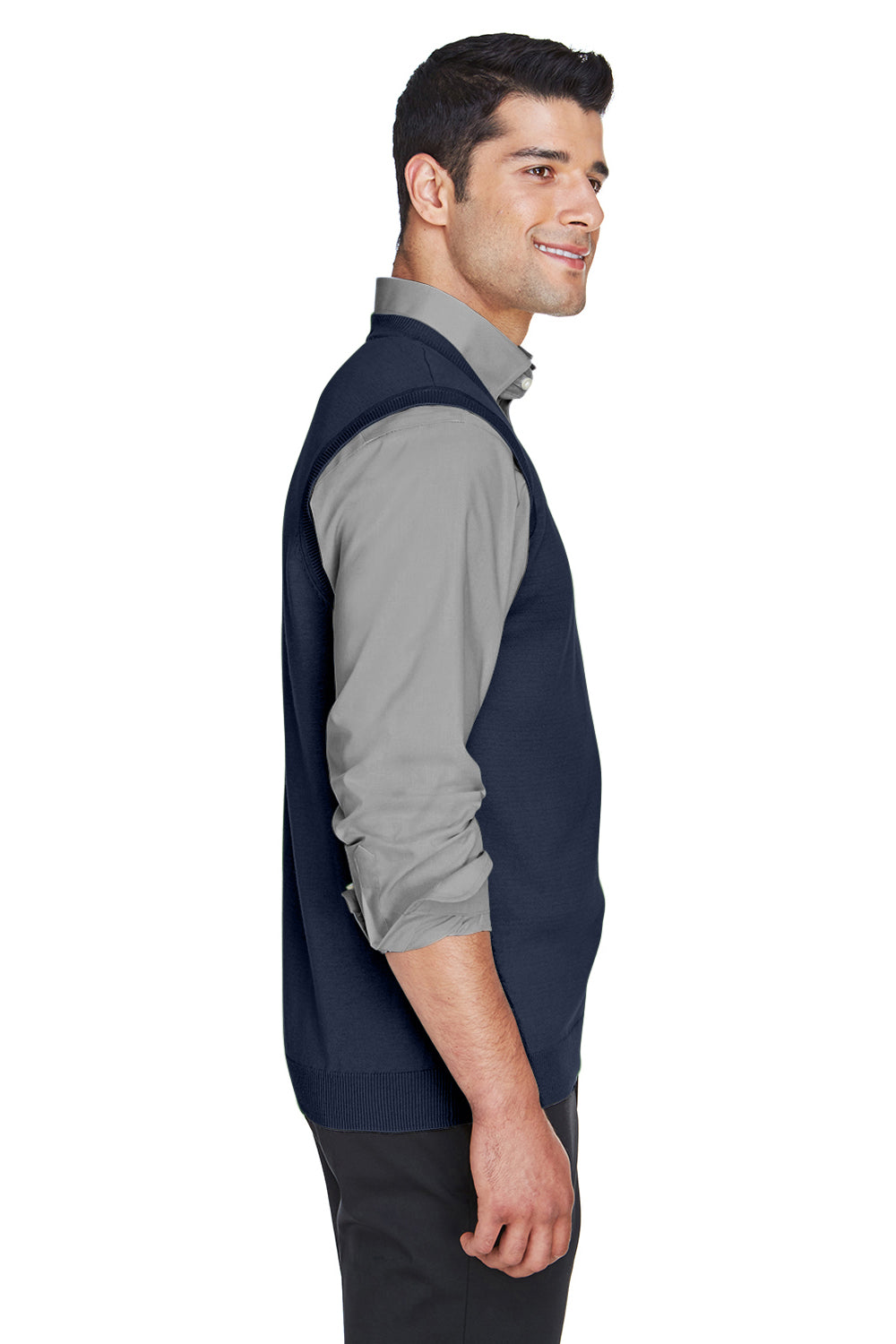 Devon & Jones D477 Mens Wrinkle Resistant V-Neck Sweater Vest Navy Blue Side