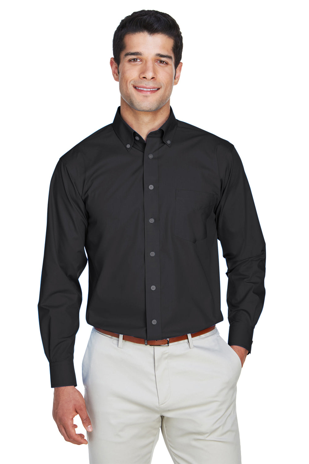 Devon & Jones D620 Mens Crown Woven Collection Wrinkle Resistant Long Sleeve Button Down Shirt w/ Pocket Black Front
