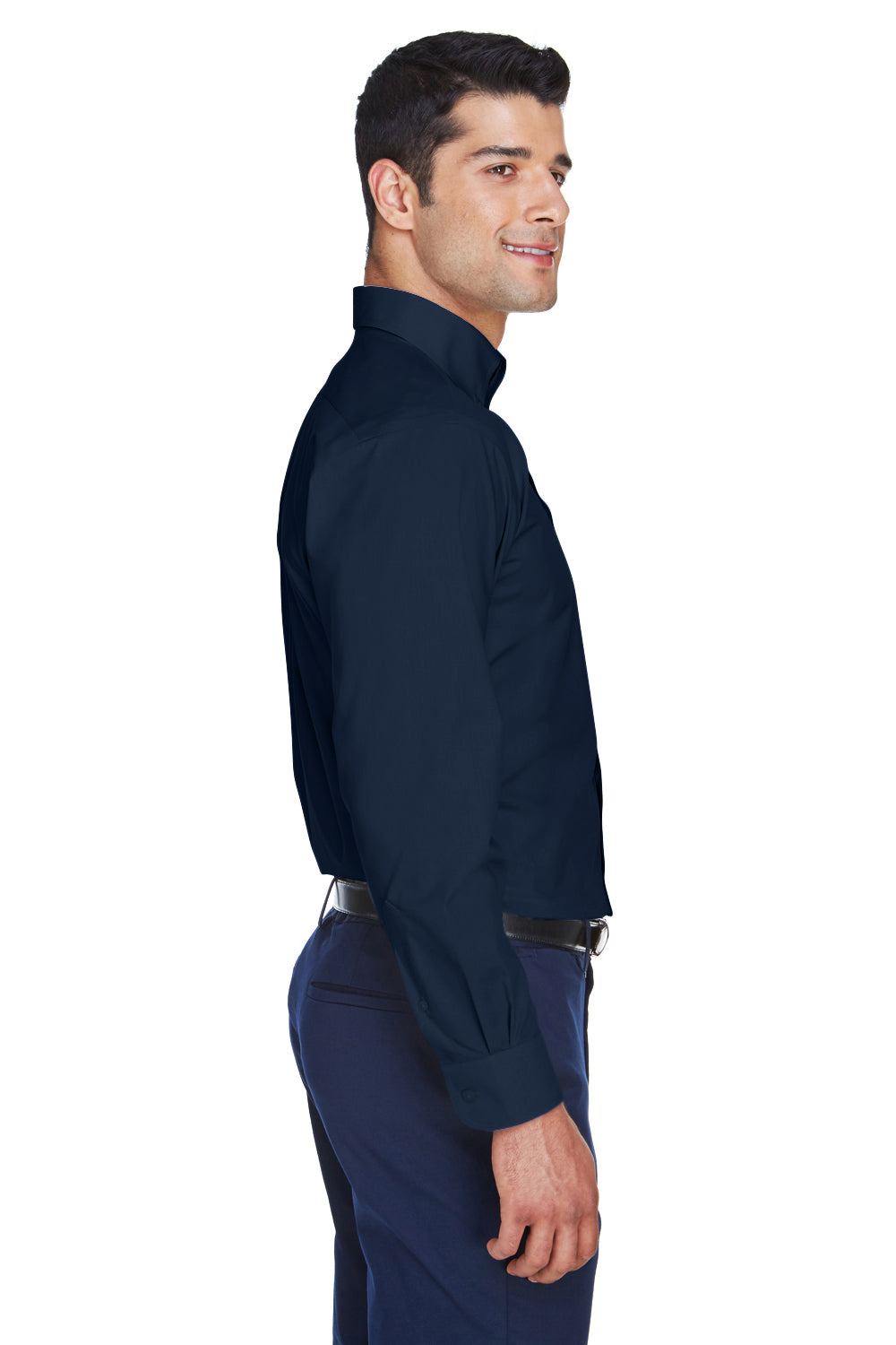 Devon & Jones D620 Mens Crown Woven Collection Wrinkle Resistant Long Sleeve Button Down Shirt w/ Pocket Navy Blue Side