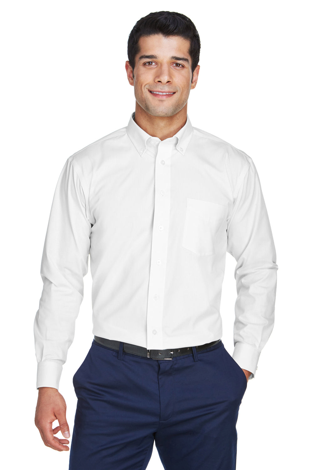 Devon & Jones D630 Mens Crown Woven Collection Wrinkle Resistant Long Sleeve Button Down Shirt w/ Pocket White Front